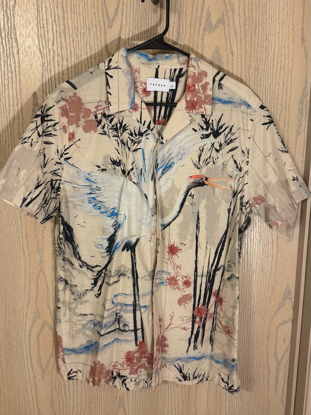 Topman Beige Crane Print Short-Sleeve Shirt